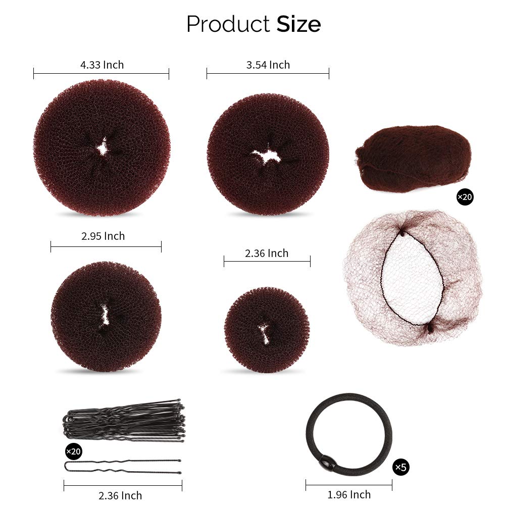 Hair Donut Bun Maker, Girls Hair Styling kit with 20 Pieces Invisible Hair Nets for Bun, 4pcs Donut Bun Maker, 5 pieces Hair Elastic Bands, 20 pieces Hair Bobby Pin