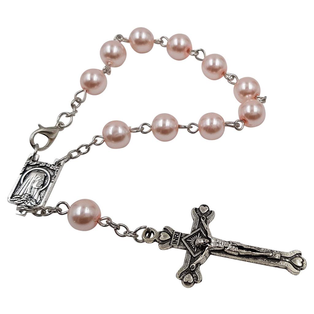 One Decade Auto Rosary for Rearview Mirror Pink Pearl Glass Beads Catholic Bracelet Our Lady of Lourdes Centerpiece Religious Gift Car Truck Travel Protection