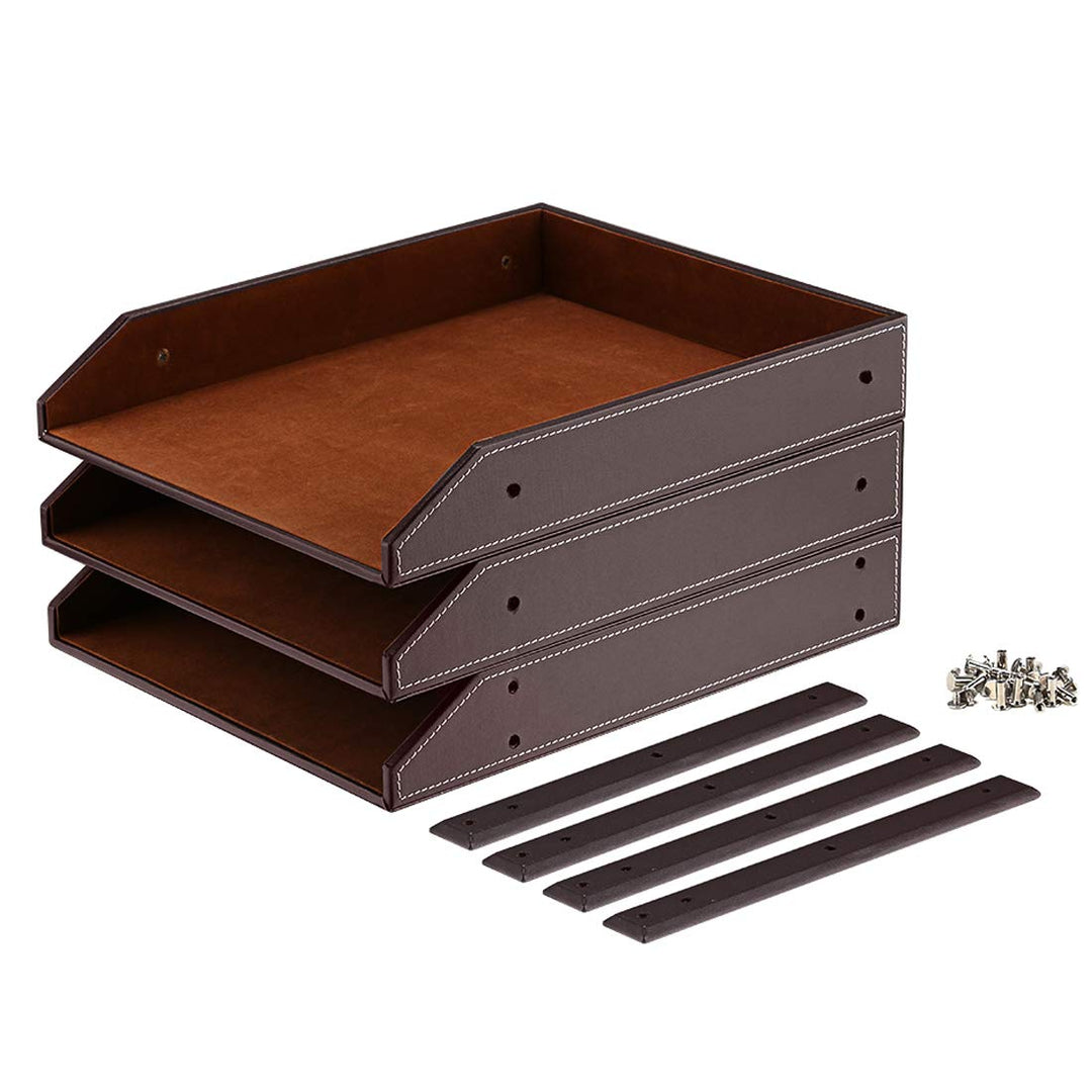 Leather Desk Organizer, VOYUTHY 3-Tier Stackable Desk Paper Tray for Files and Documents, Perfect Leather Letter Holder for Office (Brown)