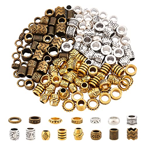 150 Pcs 15 Styles African Hair Beads, Beard Beads Big Hair Beads Tibetan Style Alloy Dreadlock Beads African Beads for Men Women Hair Braids Hair Decoration, Silver/Golden/Bronze, Hole 5-9mm