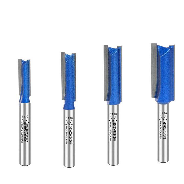 Plus Double Flute Straight Router Bit Set, 1/4 Inch Shank. Cutting Diameter in 1/4”, 5/16”, 3/8”, 1/2”. with updated Kowood C3 Carbide. Great for create groove, dado or hollow