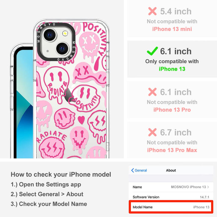Case for iPhone 13, [Buffertech 6.6ft Military-Grade Drop Protection] [Anti Peel Off Tech] Clear TPU Bumper Phone Case Cover Design - Pink Dripping Smiles