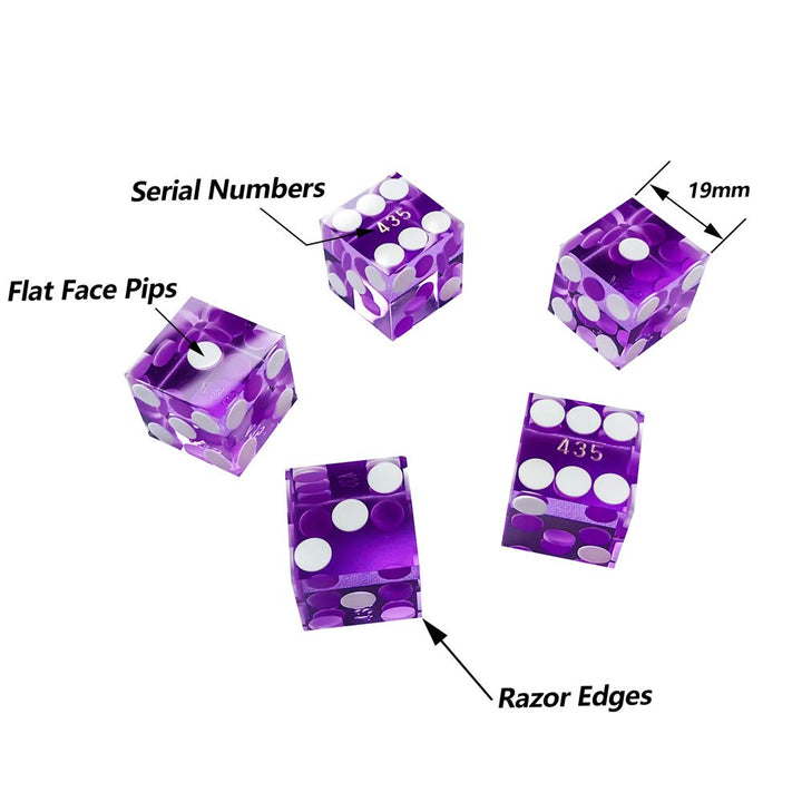 Set of 5 Grade AAA Precision 19mm Serialized Casino dice with Razor Edges and Corners - Purple …