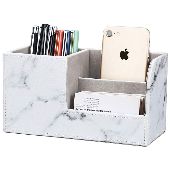 Desk Organizer Office Supplies Caddy Pu Leather Multi-function Storage Box Pen/Pencil,Cell phone, Business Name Cards Remote Control Holder Gray Marble
