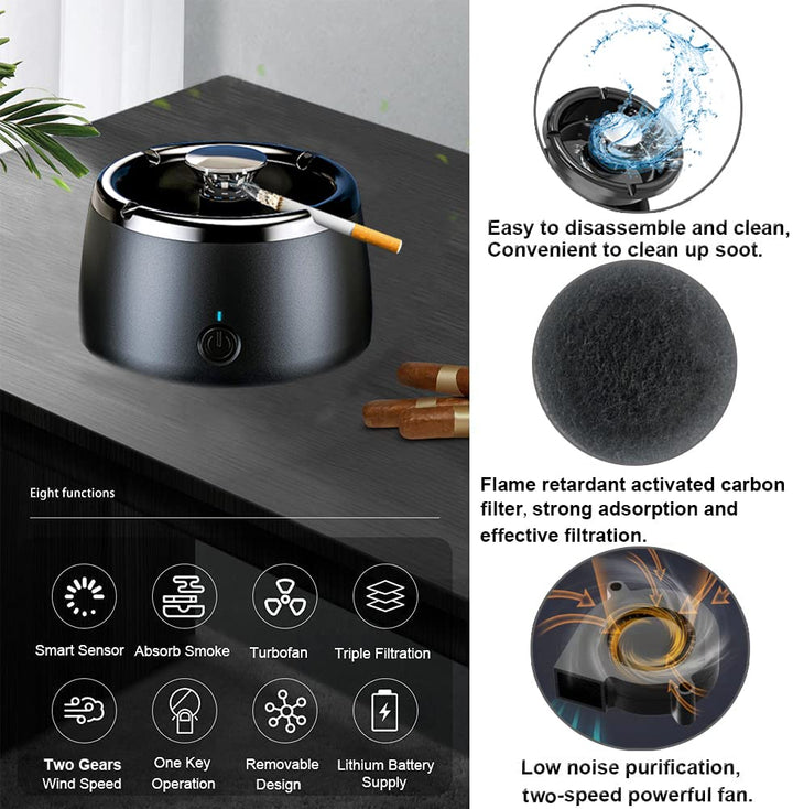 2 in 1 Multifunctional Smokeless Ashtray USB Rechargeable Ash Tray Electronic Ashtray Best for Home Office or Car (Black)