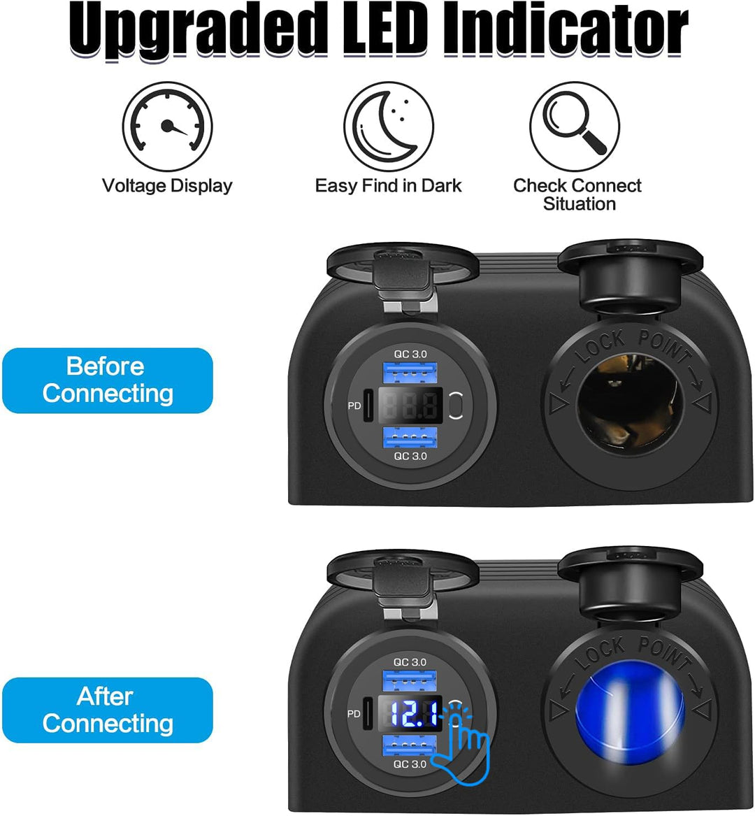 [Upgraded] Tent Type Panel 12V USB Outlet, Quick Charge PD3.0&amp; Dual USB 3.0 Car Charger with LED Voltmeter &amp; Switch+12V/24V Cigarette Lighter Socket for Car Motorcycle Boat Marine ATV RV