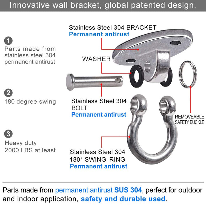 Set of 2 Permanent Antirust Stainless Steel 304 Heavy Duty Swing Hangers, 2000LB Capacity, Yoga Hammock Chair Sandbag, Swing Sets, 180° Swing(No Screws)