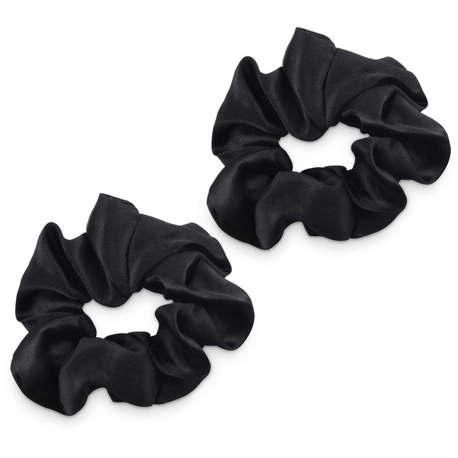 2 Pack Large Scrunchies for Hair - 100% Pure Silk Elastic Band Scrunchie Ponytail Holder Set for Women, Girls with All Hair Types - Black