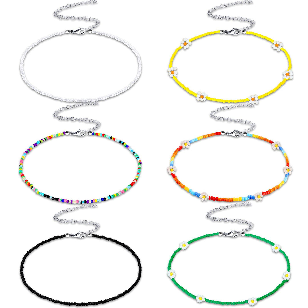 6 Pcs Bead Choker Necklace for Women Colorful Bohemian Glass Seed Bead Necklace Tiny Jewelry Gifts for Fall Christmas(Charming Style)