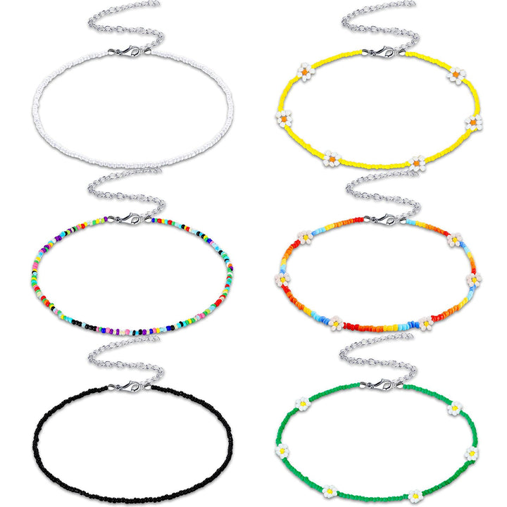 6 Pcs Bead Choker Necklace for Women Colorful Bohemian Glass Seed Bead Necklace Tiny Jewelry Gifts for Fall Christmas(Charming Style)