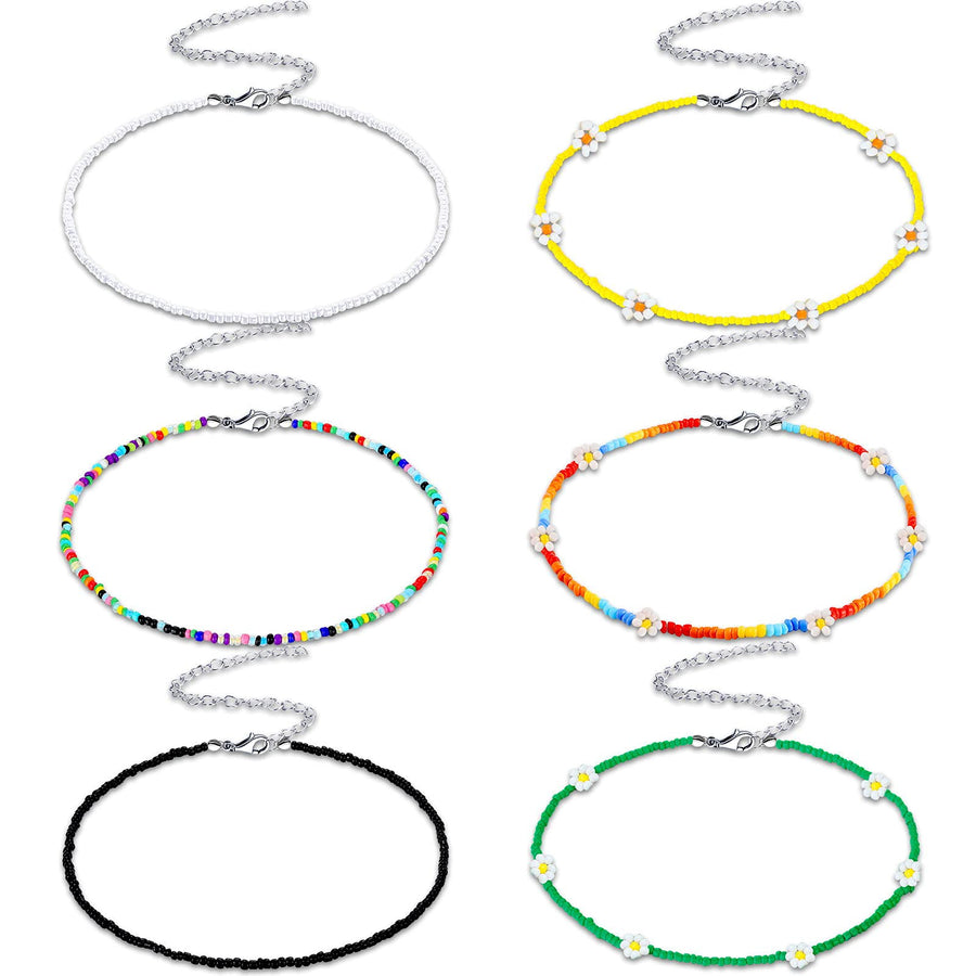 6 Pcs Bead Choker Necklace for Women Colorful Bohemian Glass Seed Bead Necklace Tiny Jewelry Gifts for Fall Christmas(Charming Style)