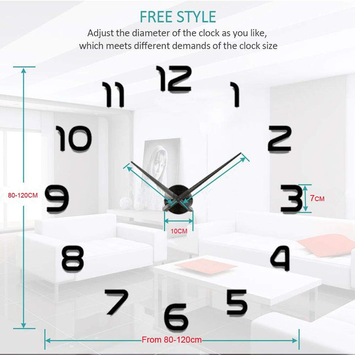 3D DIY Mirror Surface Wall Clock Big Size Wall Decorative Clocks Silent Non Ticking Movement Clocks