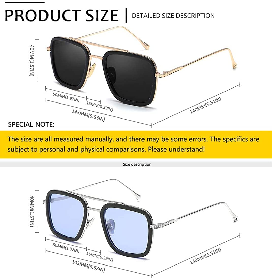 2PCS Retro Square Pilot Metal Sunglasses for Men Women Trendy Rectangular Black Blue Glasses Eyewear