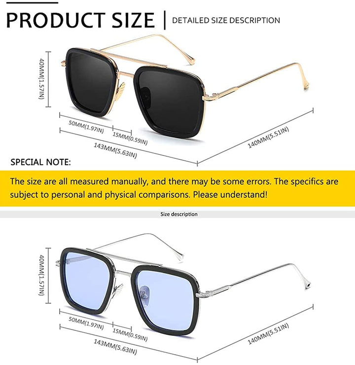 2PCS Retro Square Pilot Metal Sunglasses for Men Women Trendy Rectangular Black Blue Glasses Eyewear