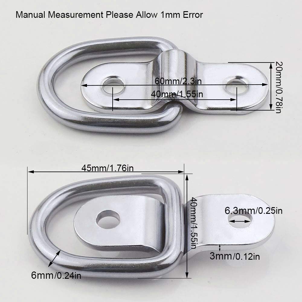 D Rings Tie Down Anchors 1/4 Stainless Steel D Ring 1200bls Breaking Strength,6pcs Heavy Duty Trailers Bracket Surface Mount Hooks with Screws Securing Cargo for Boats,Trucks,Camper