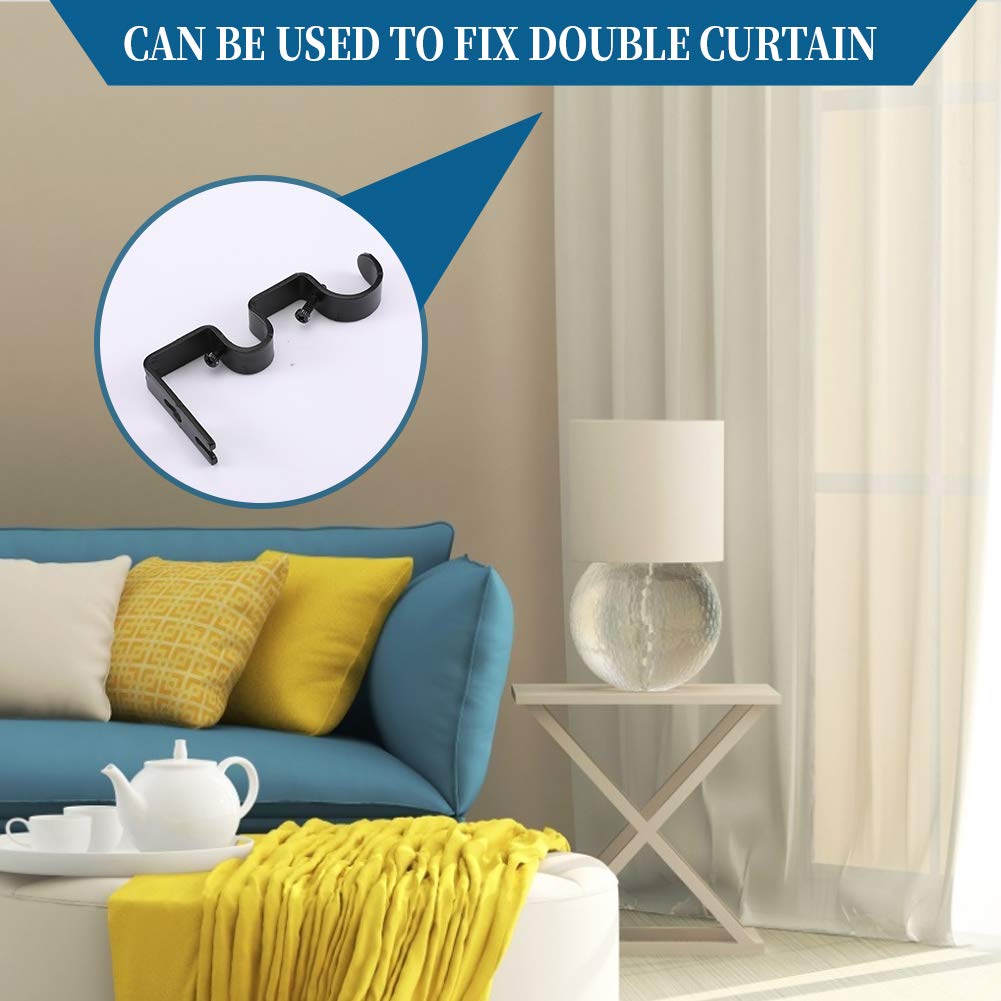 Heavy Duty Curtain Rod Brackets Double Rod Holders Double Curtain Rod Brackets 1 and 5/8 Inch Rod (Set of 2, Black)