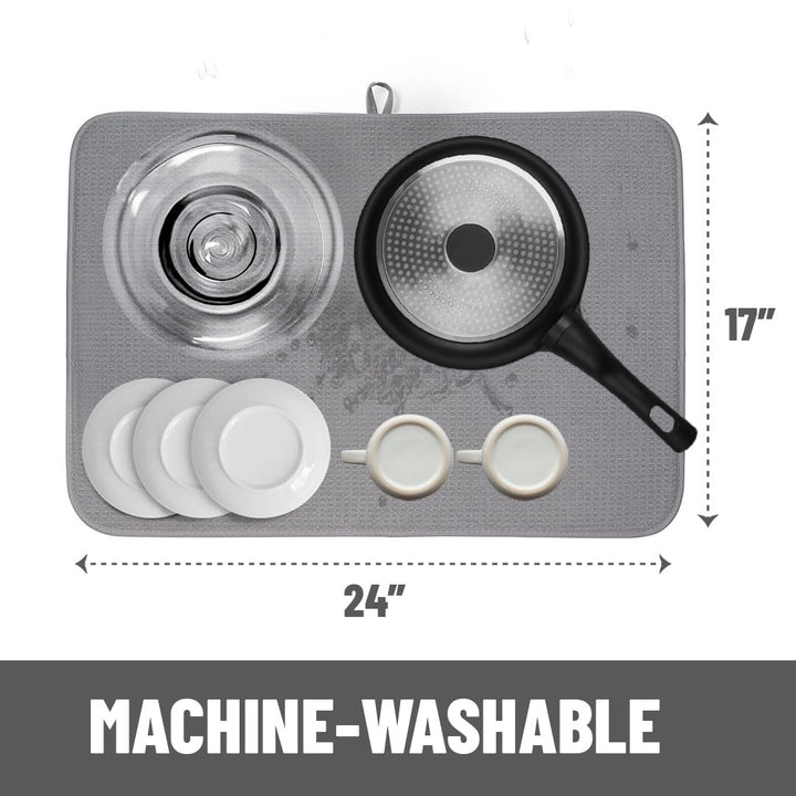 XXL Dish Mat 24 x 17 ( LARGEST MAT ) Microfiber Dish Drying Mat , Super absorbent ( Gray )