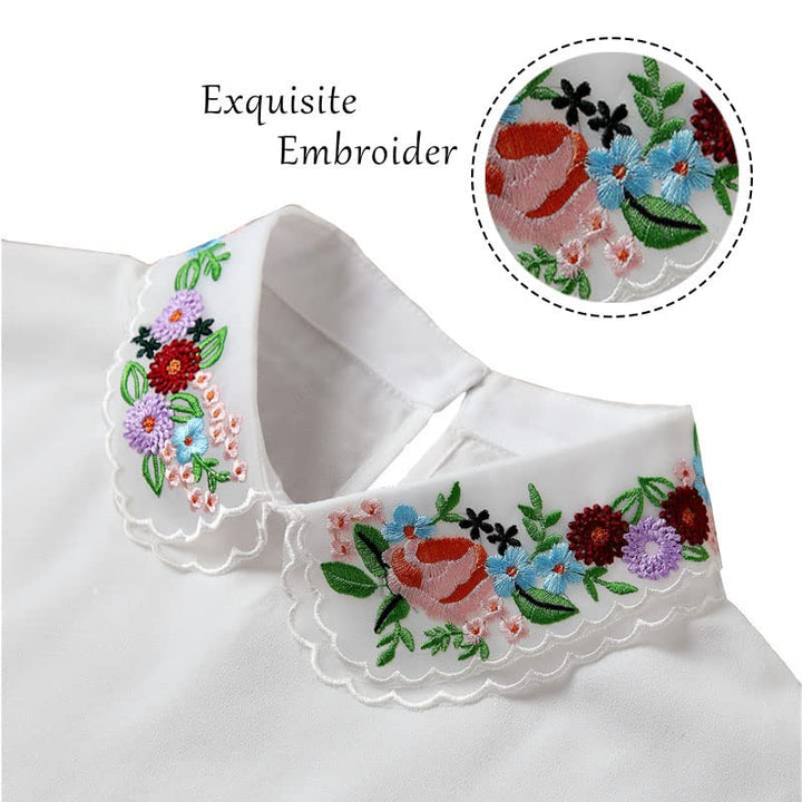 Lace Chiffon Detachable Dickey Blouse False Collar Embroidery Flower Fake Half Shirt Collar for Women (White)