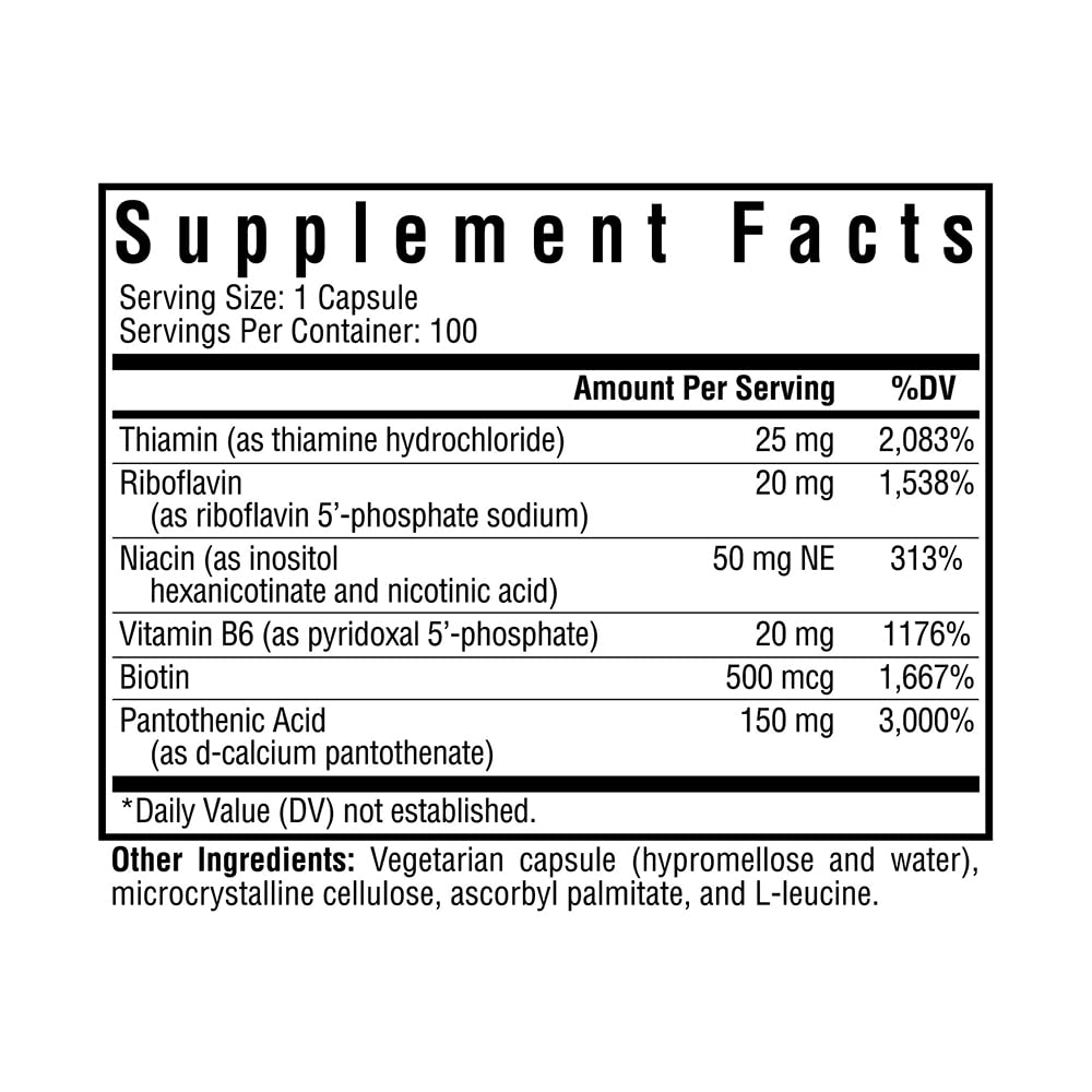 B-Minus, Vitamin B Complex to Support Methylation, MTHFR Support, Methyl-Free, Niacin, Biotin Supplement for Women, Vegetarian Capsules (100 Capsules)*