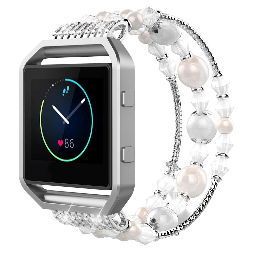 Fashion Elastic Band Compatible with Fitbit Blaze Smartwatch Fitness, Small(6.3) Handmade Beaded Jewelry Bracelet Band Strap Replacement for Fit bit Blaze Women, White