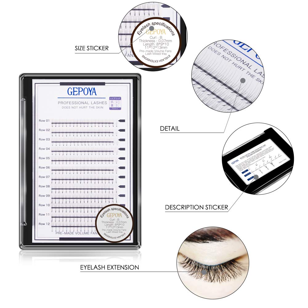 Mixed(8-13Mm) : 3D Pre-Made Volume Fans Eyelashes Extensions Gepoya Individual Eyelashes Professional Volume B Curl Lash Extensions 0.07 Thickness(3D) (Mixed(8-13Mm))