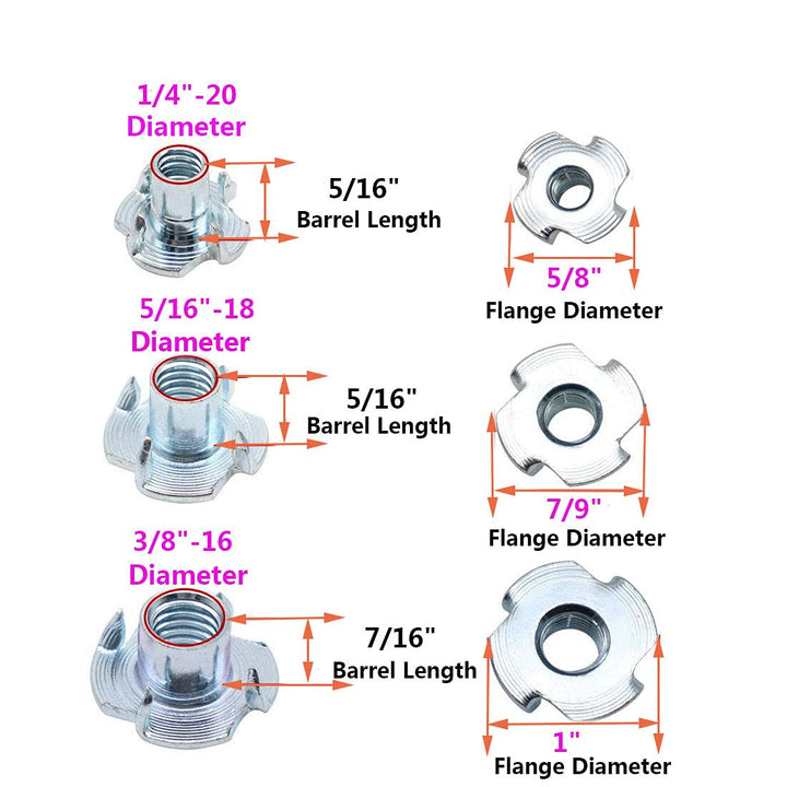 T Nuts 1/4-20,5/16-18, 3/8-16, 120pcs Zinc Plated Steel T-Nut 4 Pronged Tee Blind Nuts Assortment Kit for Wood, Rock Climbing Holds, Cabinetry, Furniture,etc.
