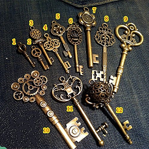 Vintage Skeleton Keys Charm Set Royal Key in Antique Bronze Pack of 12 Keys, 12 Different Style, No Repeat