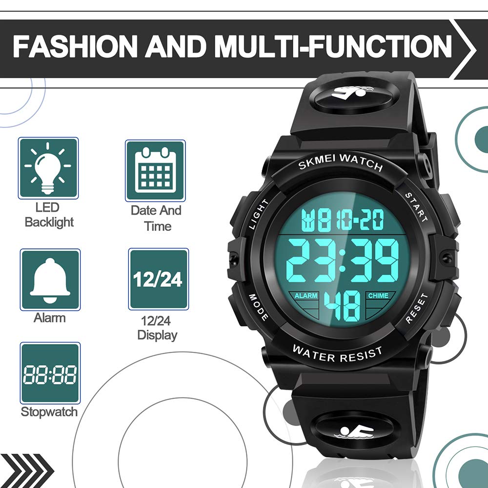Kids Digital Watch,Boys Sports Waterproof Led Watches with Alarm,Wrist Watch for Boys Girls Childrens, Best Gifts for Boys (Black-B)