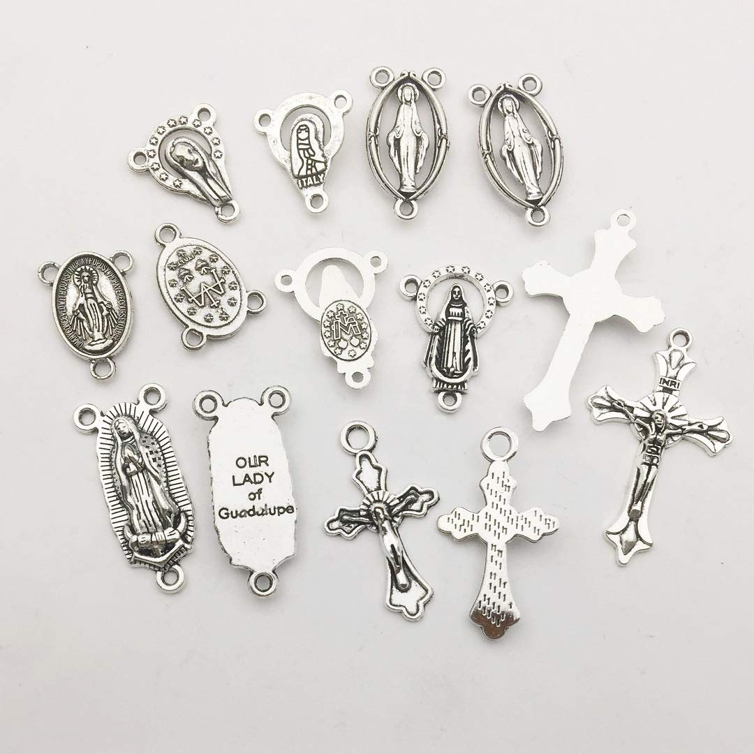 100g (60pcs) Antique Silver Cross Jesus Maria Our Lady Miraculous Centerpiece Crucifix Medal Charms Pendants for Crafting, Jewelry Findings Making Accessory For DIY Rosary Necklace Bracelet (M154)