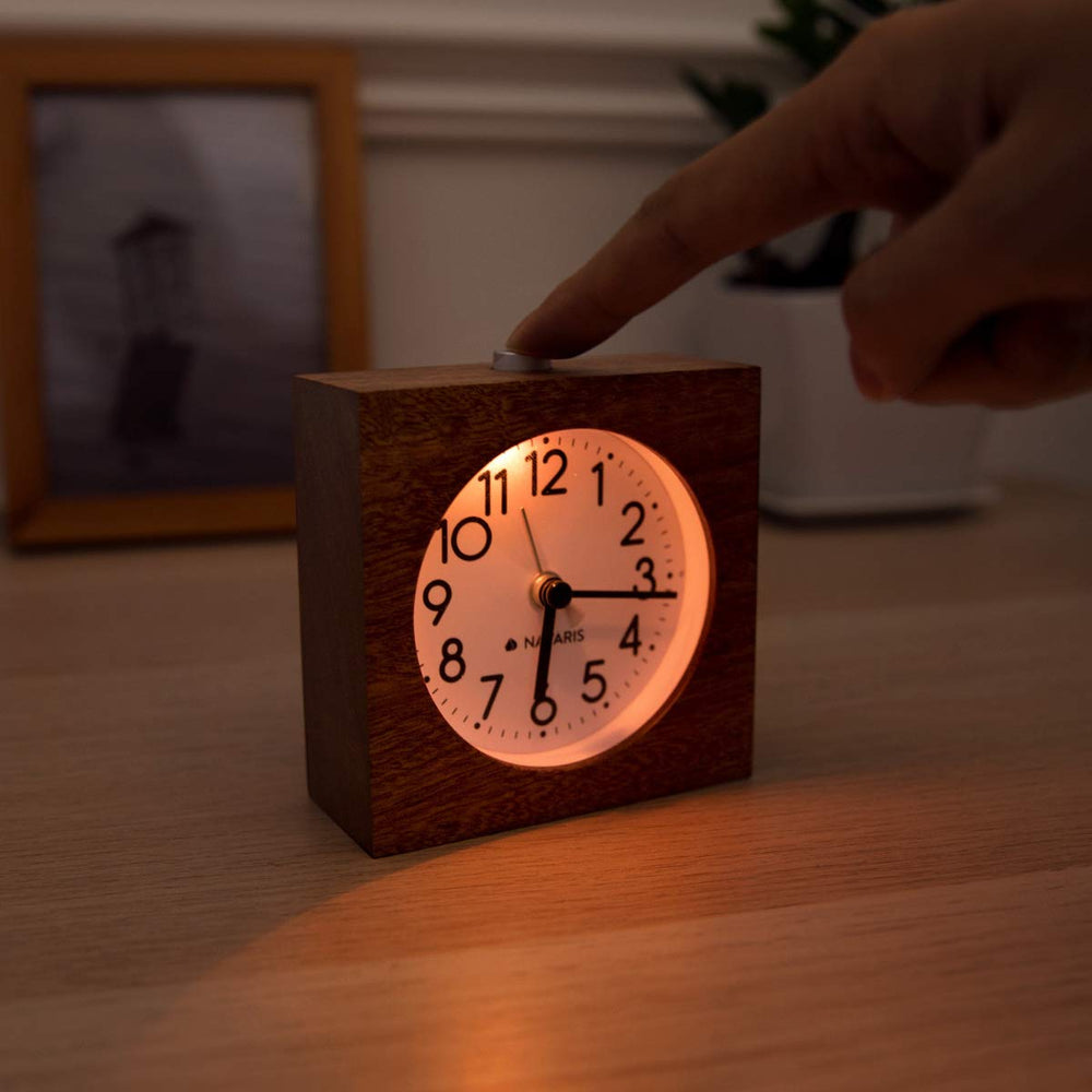 Wood Analog Alarm Clock - Square Battery-Operated Non-Ticking Clock with Snooze Button and Light - Dark Brown