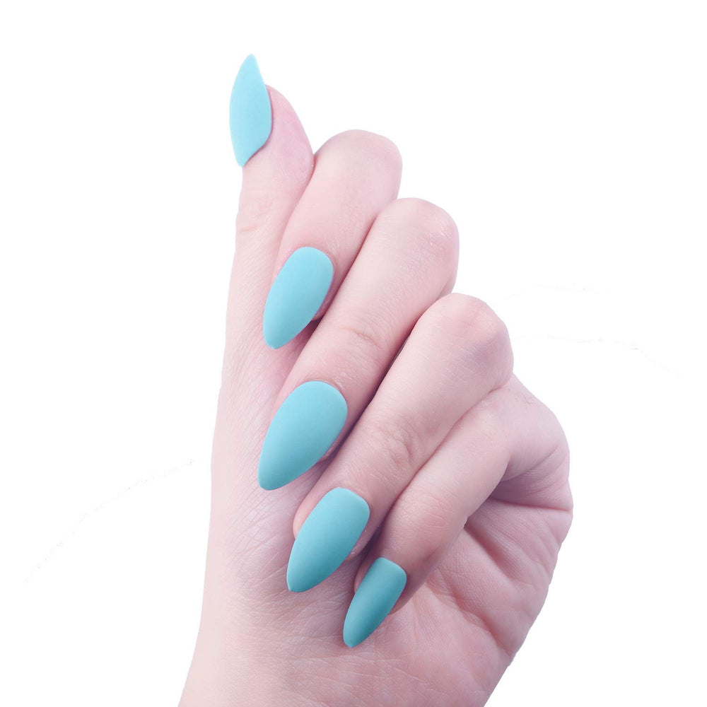 96Pcs Colorful Acrylic Nails Full Cover False Gel Nails Art Tips Sets Medium Stiletto Matteï¼Ë†Skylike Blueï¼â€°