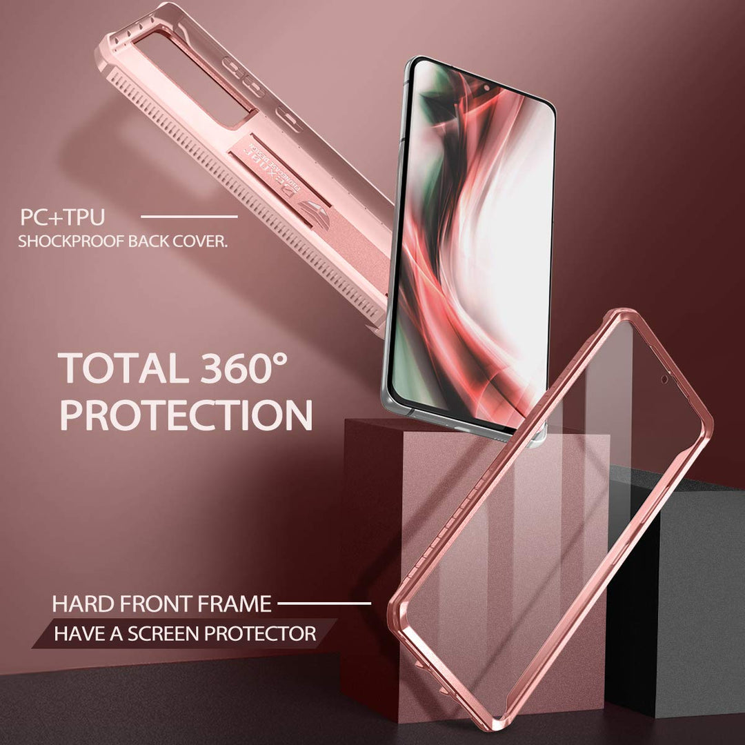 for Samsung Galaxy S21 Ultra Case, [Built in Screen Protector and Kickstand] Heavy Duty Military Grade Protection Shockproof Protective Cover for Samsung Galaxy S21 Ultra 5G, 6.8 inch Rose Gold