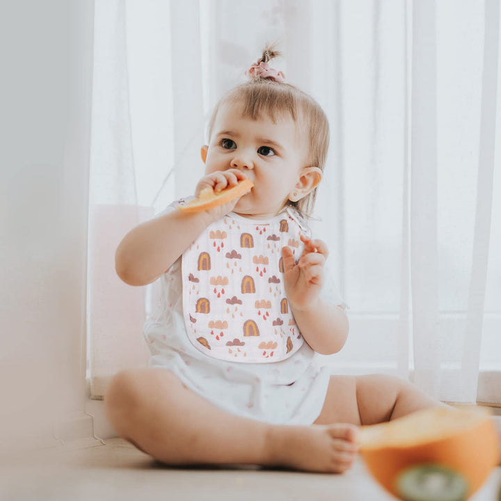 Snap Muslin Bibs for Girls, 3-Pack Baby Bibs for Infants, Newborns and Toddlers, 100% Cotton Muslin Absorbent &amp; Soft Layers, Adjustable Snaps,Rainbow,Cosmos,Clouds
