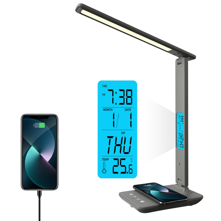 Desk Lamp, LED Desk Lamp with Wireless Charger, USB Charging Port, Table Lamp with Clock, Alarm, Date, Temperature, Office Lamp, Desk Lamps for Home Office, Grey