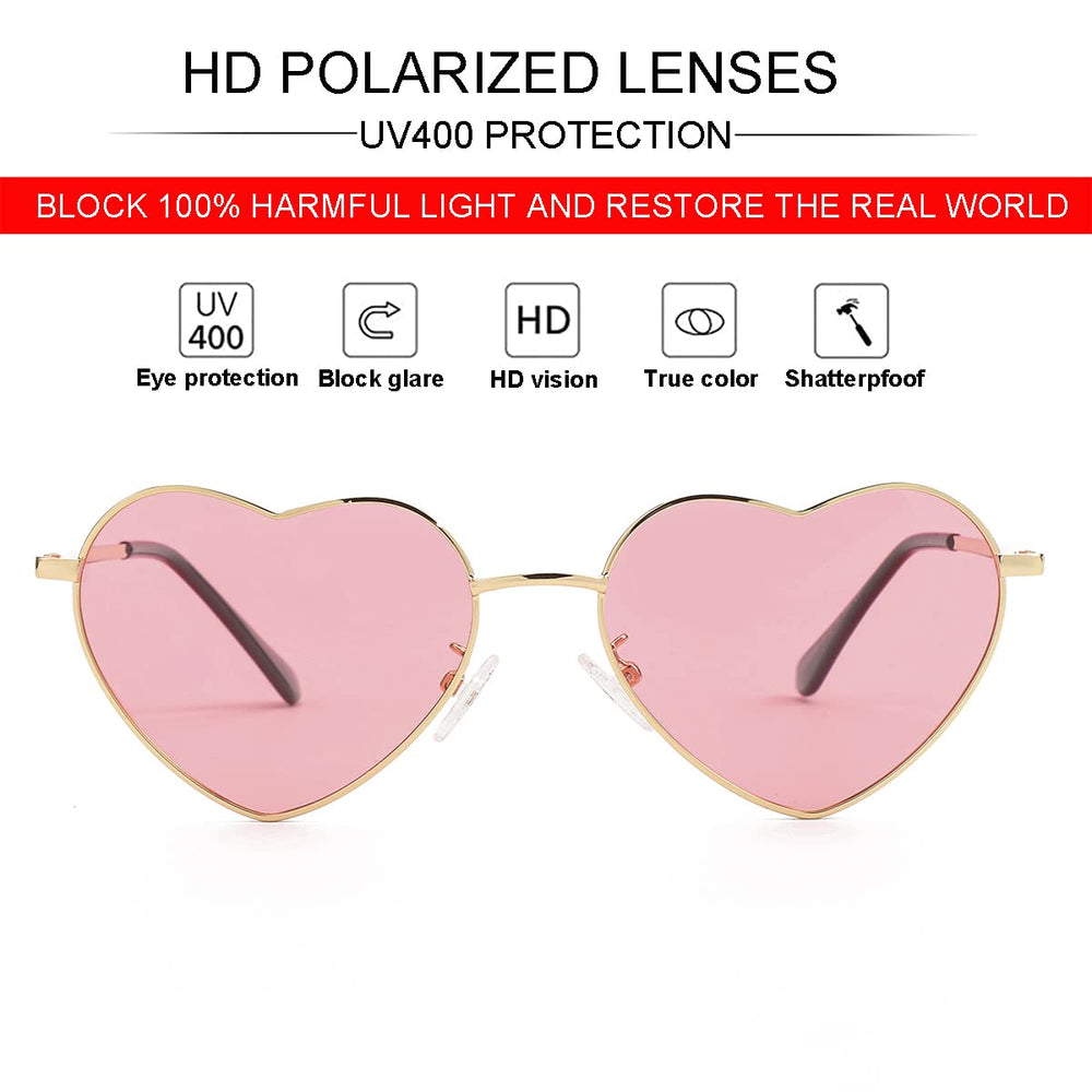 Polarized Heart Sunglasses for Women Fashion Lovely Style Metal Frame UV400 Protection Lens (Gold/Pink)