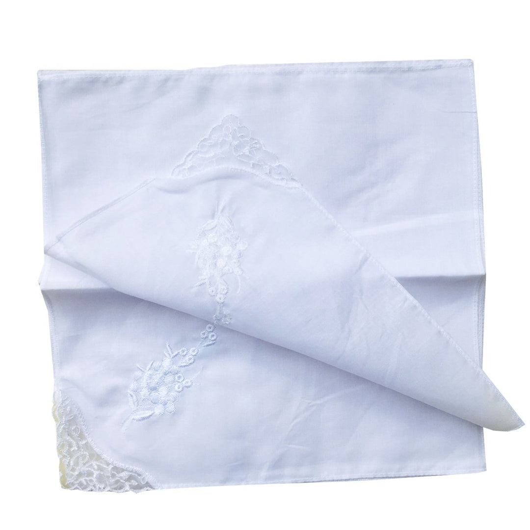 6 Pack of Ladies Embroidery Cotton Handkerchiefs Lace Border White Hankies