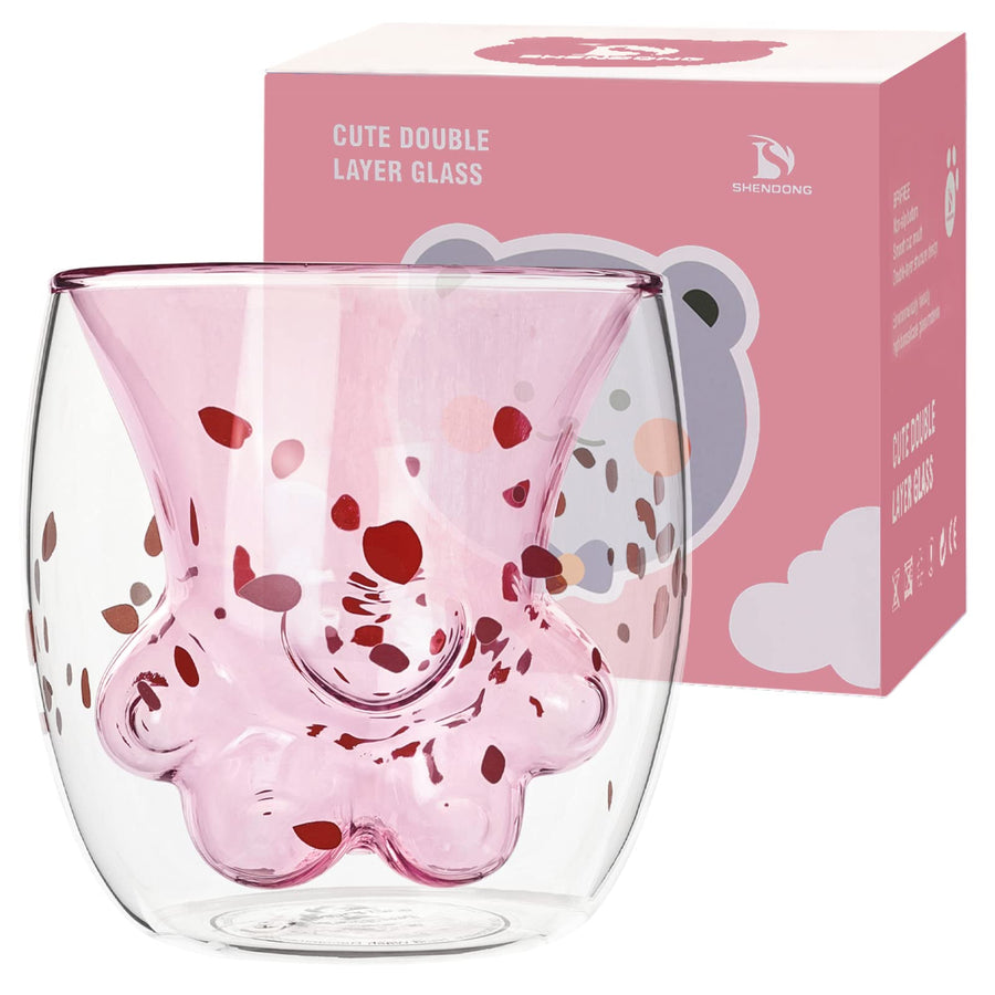 Cute Cat Claw Cup Pink Cherry Printing Paw Mug Cat Foot Claw Print Mug Double Wall Insulated Glasses Espresso Cup Mug Glass Cup Coffee Cups Milk Mug Tea Whiskey Cup Cat Paw-Shaped mug