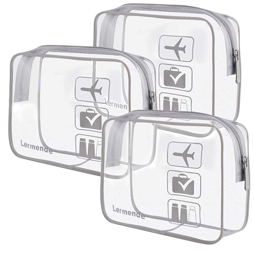 Clear Makeup Bag, TSA Approved Makeup Bag Organizer &amp; Cosmetic Bag for Women With Zipper, Quart Size Carry On Clear Toiletry Bag Airport Compliant Toiletries For Travel (Grey)