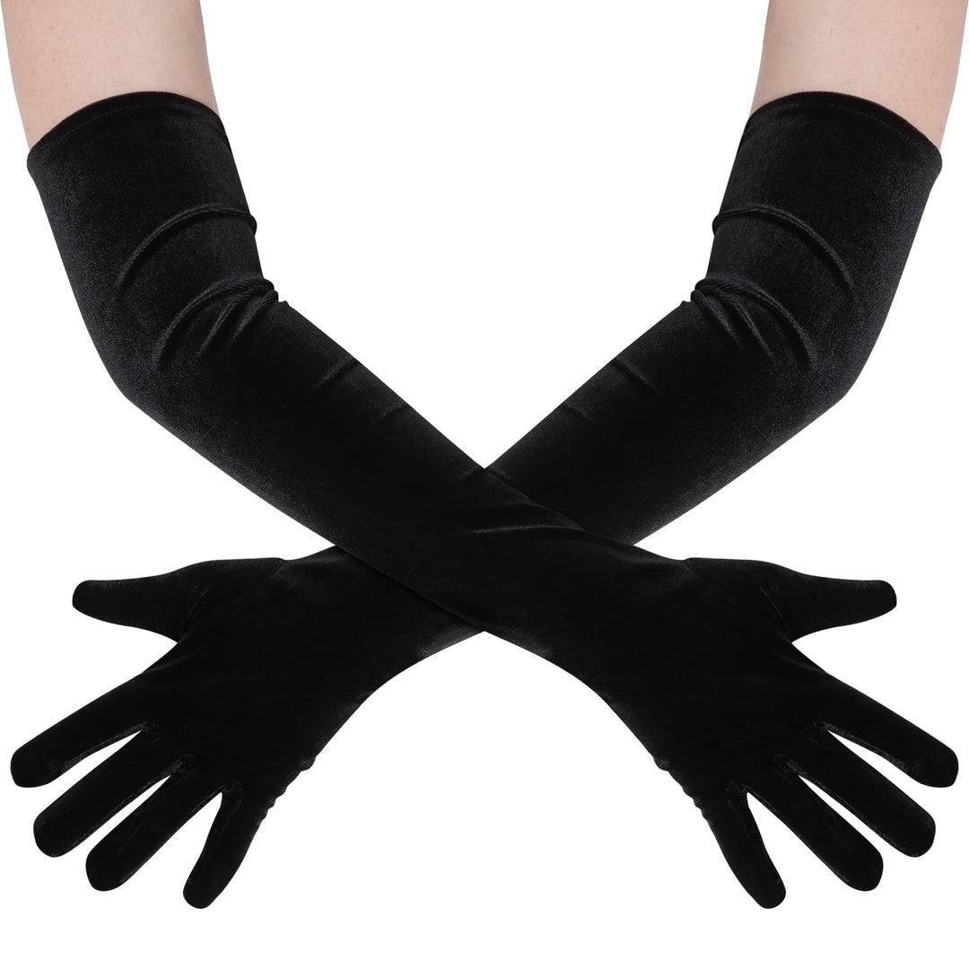 Women Long Velvet Gloves for Women Elbow Length 1920s Opera Costume Flapper Evening Banquet Party (Black)