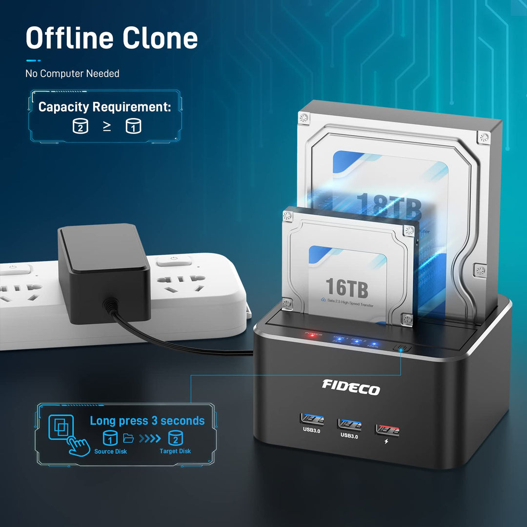 USB 3.0 to SATA Dual Bay External Hard Drive Docking Station for 2.5/3.5 Inch HDD SSD with Hard Drive Duplicator/Offline Clone Function/2 USB 3.0 Ports/1 USB Fast Charge Port, Support 16TB