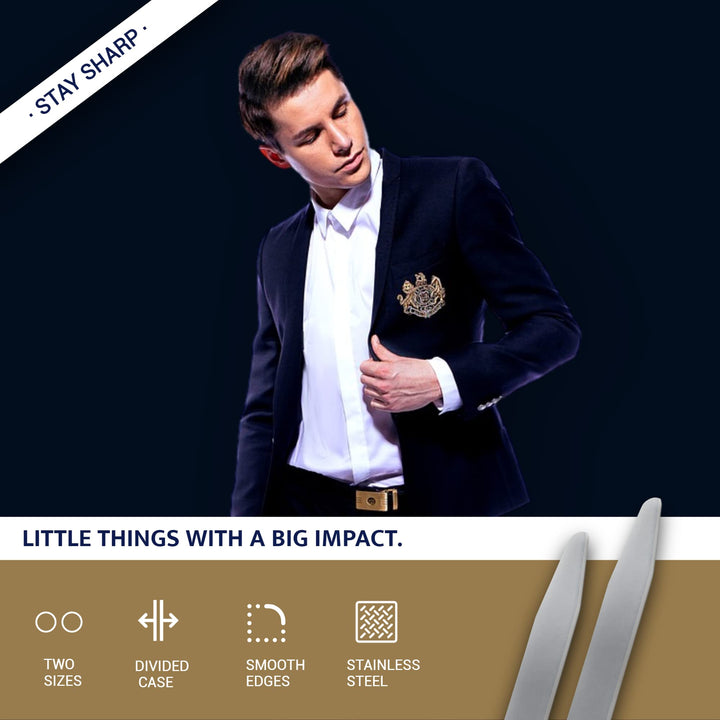 50 Collar Stays for Men&#39;s Dress Shirts - Metal Collar Stays for Men, 2 Sizes in a Divided Box (24-2.2 &amp; 26-2.5 inch stays)