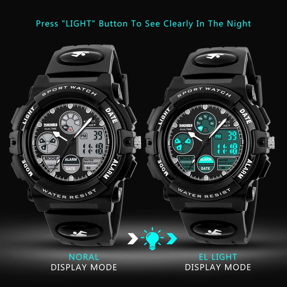 Kids Sports Watch Waterproof Boys Multi-Function Analog Digital Wristwatch LED Alarm Stopwatch Black