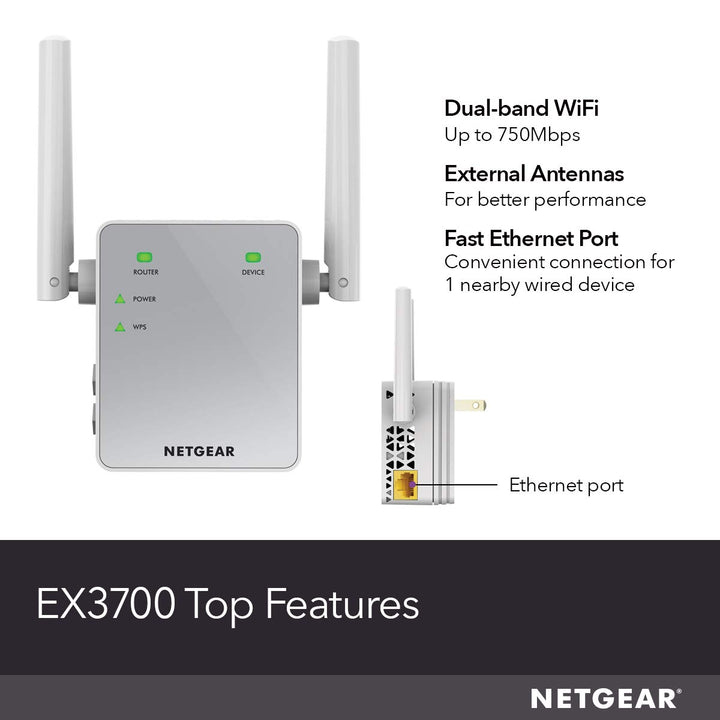 Wi-Fi Range Extender EX3700 - Coverage Up to 1000 Sq Ft and 15 Devices with AC750 Dual Band Wireless Signal Booster &amp; Repeater (Up to 750Mbps Speed), and Compact Wall Plug Design