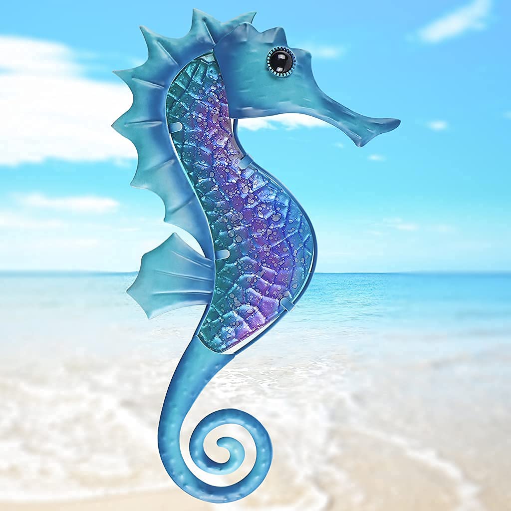 Seahorse Wall Decor 14 Inches, Nautical Metal Wall Art, Marine Life Wall Hanging Sculpture for Garden Fence, Patio, Bathroom (Blue)