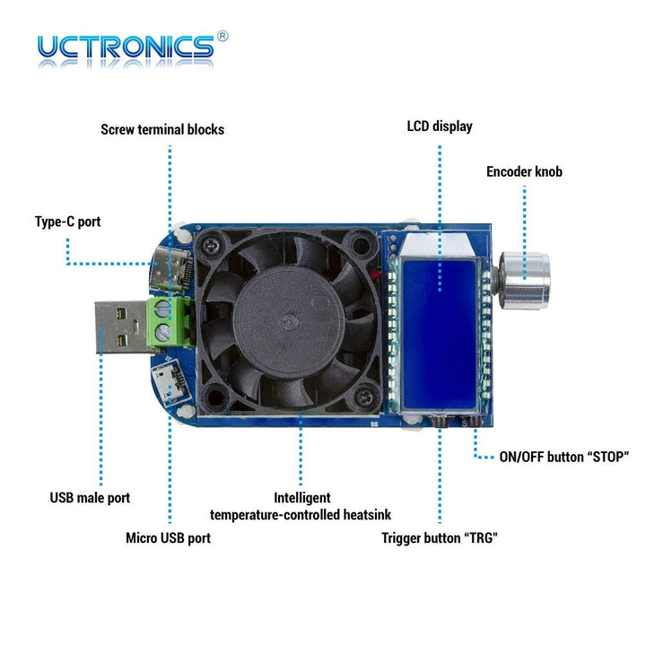 Electronic USB Load Tester, Adjustable Discharge Resistor Module 35W, Test and Trigger QC2.0 QC3.0 AFC 9V FCP, Intelligent Temperature Control with Cooling Fan
