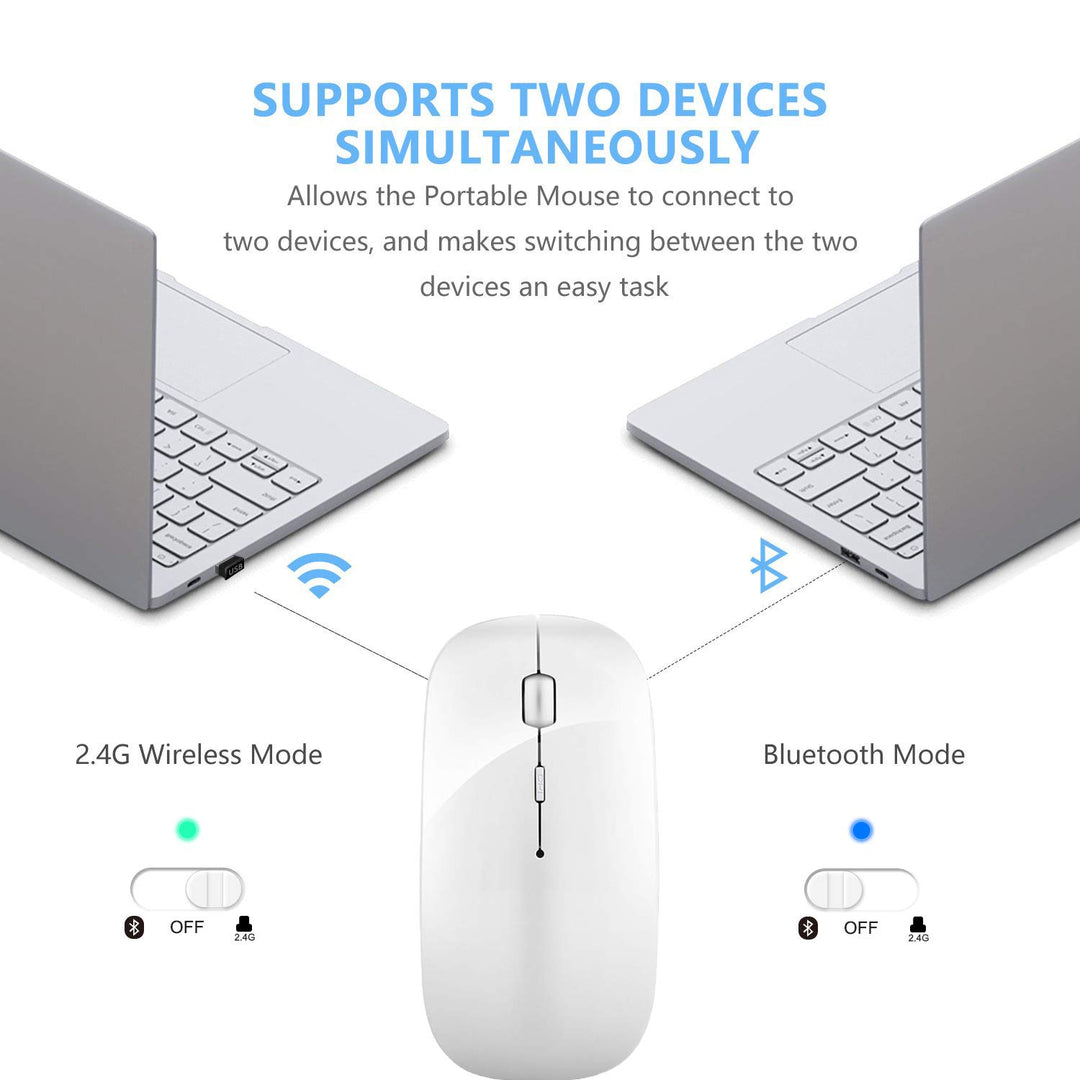 2.4GHz Wireless Bluetooth Mouse,Dual Mode Slim Rechargeable Wireless Mouse Silent USB Mice, 3 Adjustable DPI,Compatible for Laptop Windows MacBook Android MAC PC Computer (White)