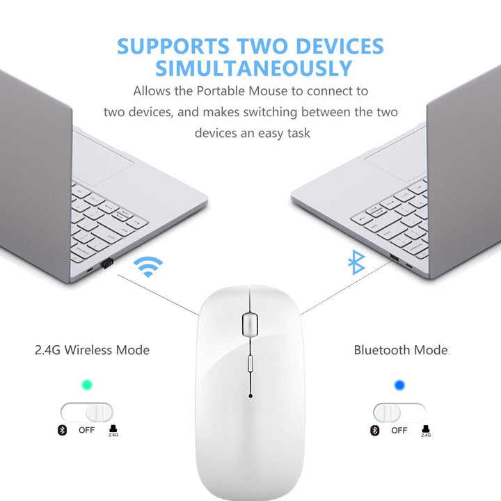 2.4GHz Wireless Bluetooth Mouse,Dual Mode Slim Rechargeable Wireless Mouse Silent USB Mice, 3 Adjustable DPI,Compatible for Laptop Windows MacBook Android MAC PC Computer (White)