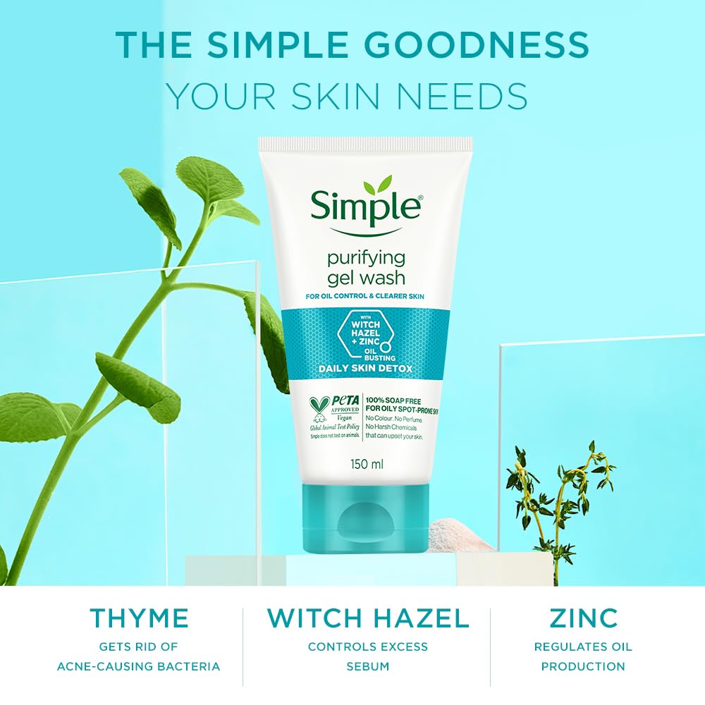 Simple Purifying Face Wash 150ml for oily, acne-prone, sensitive skin | 100% soap-free gentle cleanser for women &amp; men