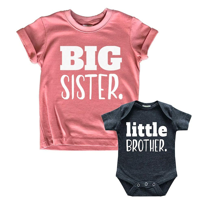 Big Sister Little Brother Outfit Matching Shirts Sets Baby Newborn Outfits Shirt (Mauve/Charcoal Black, Kid (3Y) / Baby (1-3M))