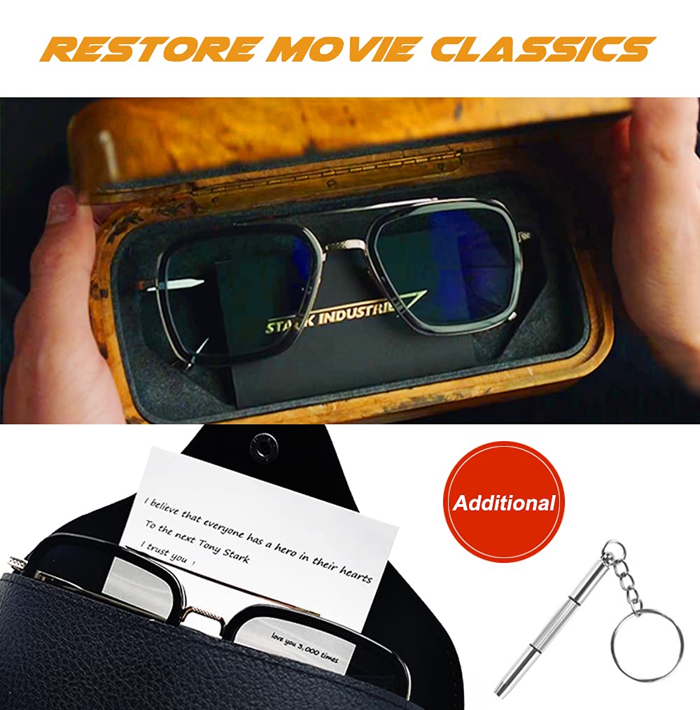 2PCS Retro Square Pilot Metal Sunglasses for Men Women Trendy Rectangular Black Blue Glasses Eyewear